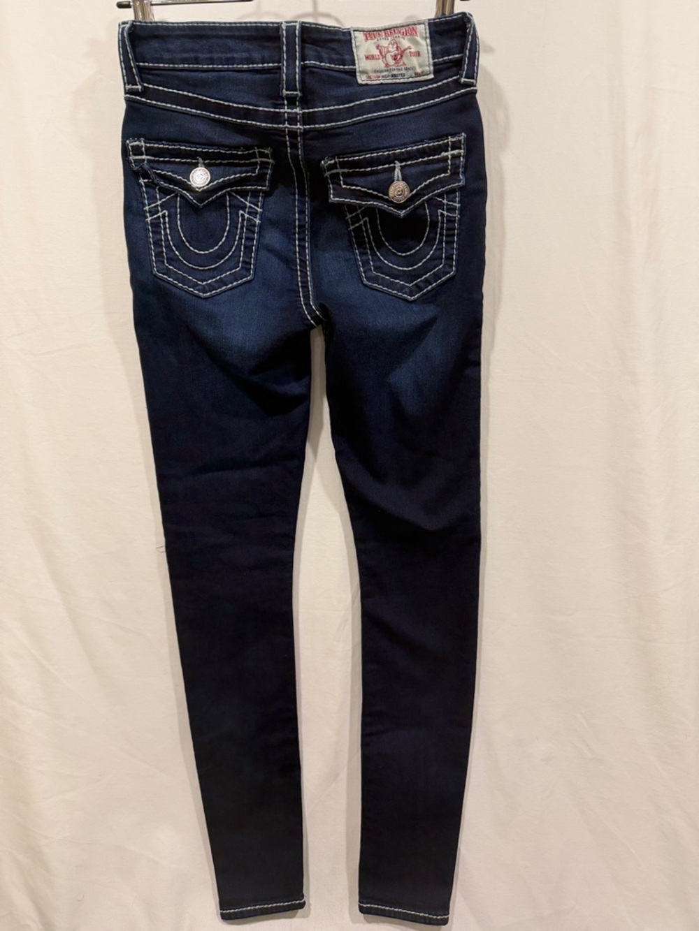 True Religion Halle High Rise Skinny Jeans Dark Wash Flap Pocket Big T 26